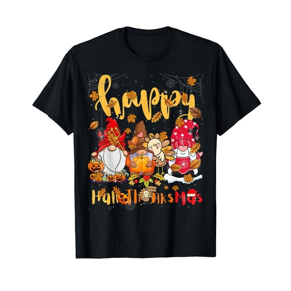 Halloween Thanksgiving Christmas Happy Hallothanksmas Gnomes Black T-Shirt Crew Neck Tee