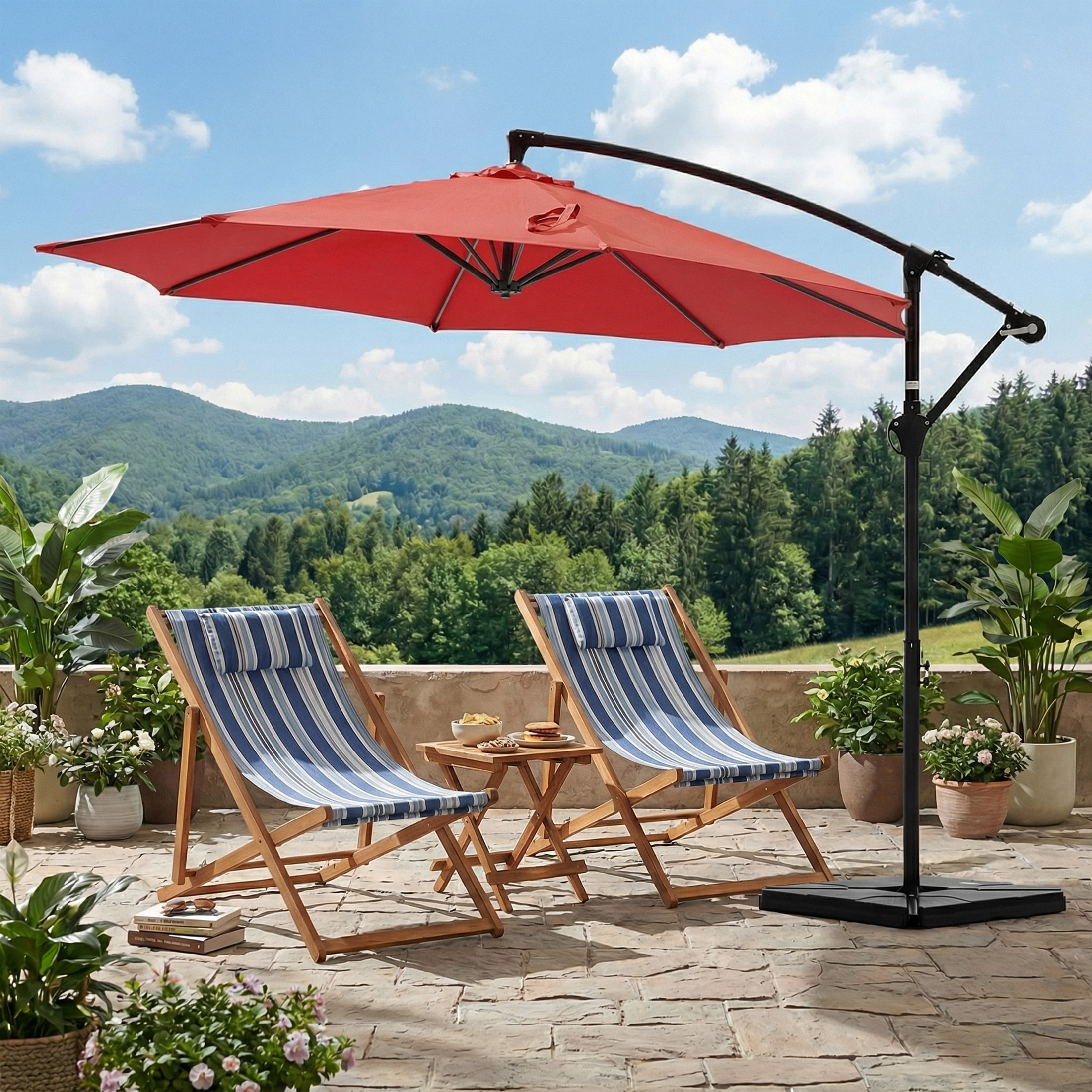 SHOUFTW 10 ft Offset Outdoor Patio Umbrella with Base, Easy Tilt & Crank, Adjustable Polyester Shade for Garden, Backyard, Poolside, Red