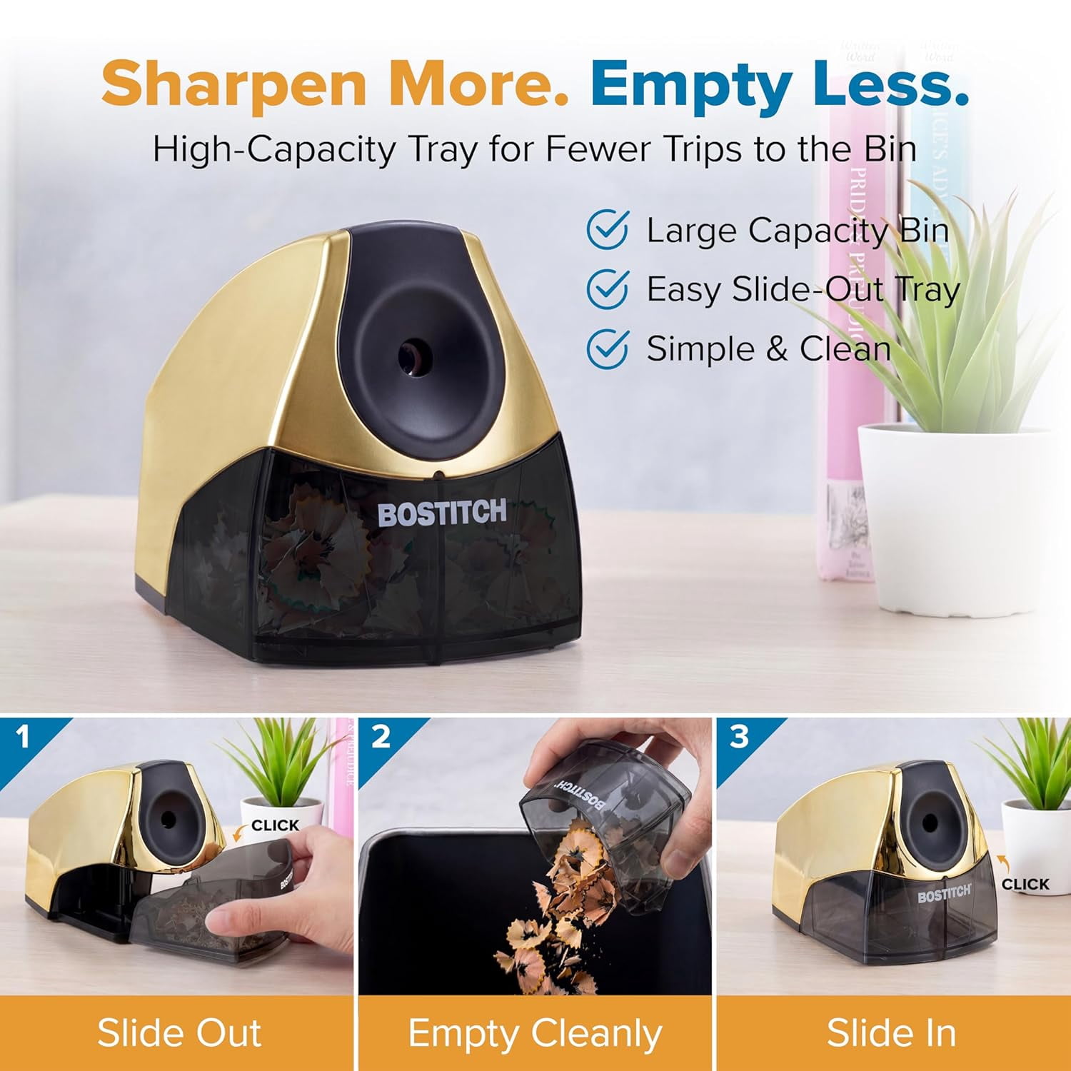 Office Electric Pencil Sharpener for Classroom & Desk Use, Heavy-Duty Stall-Free Motor, High-Capacity Shavings Tray, Gold Chrome