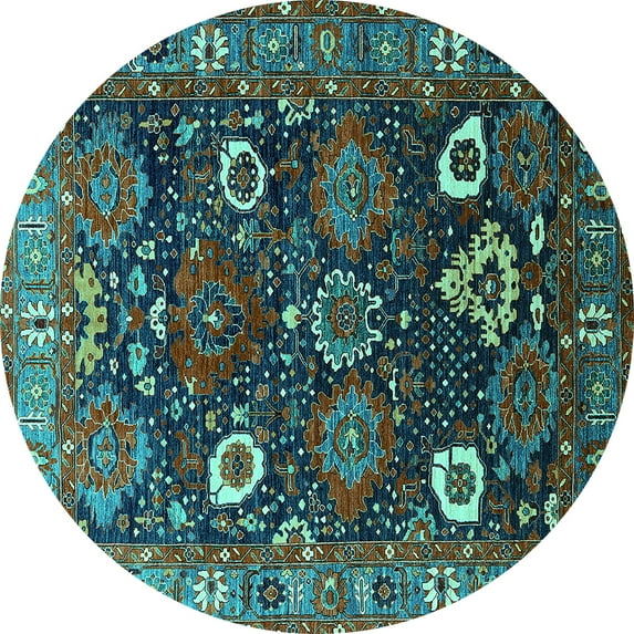 Ahgly Company Machine Washable Indoor Round Oriental Turquoise Blue Industrial Area Rugs, 4' Round
