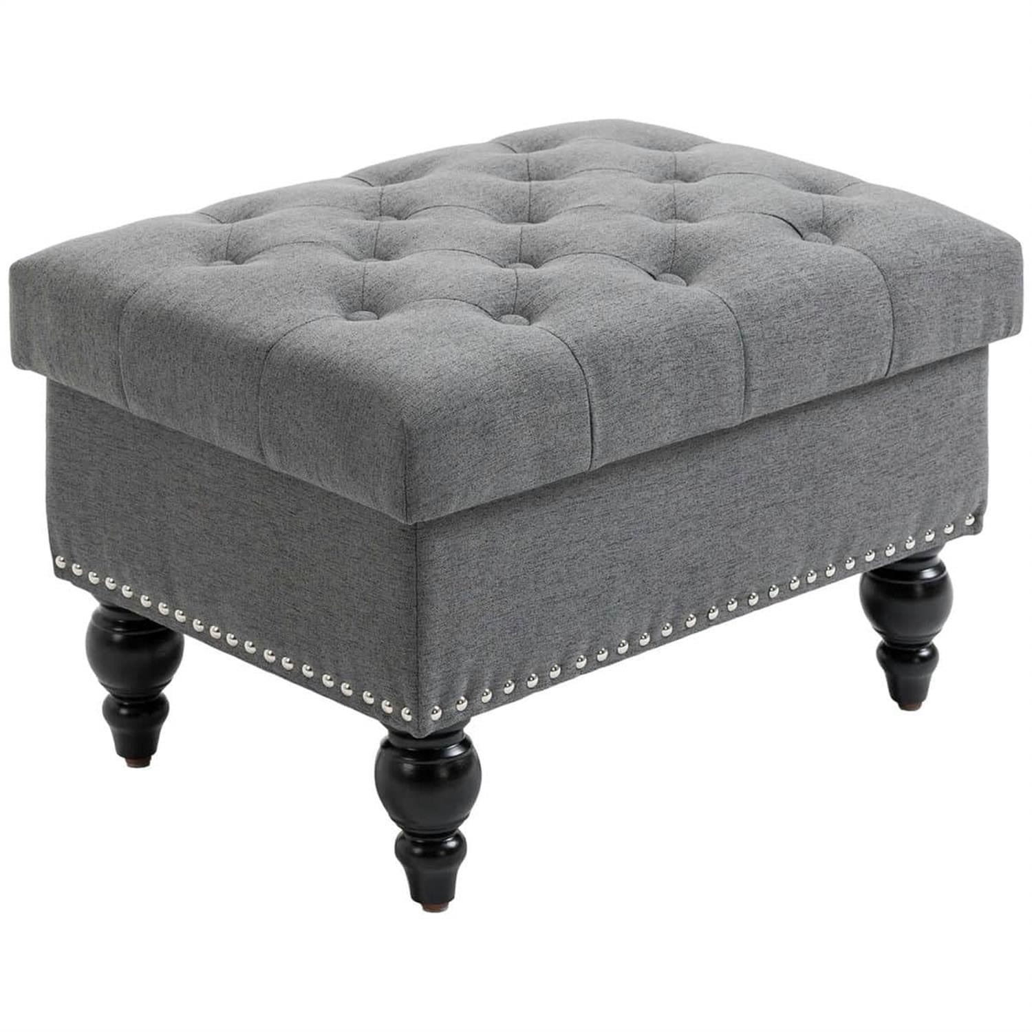 Demi Bonn 25" Storage Ottoman with Lift-Top Lid, Wooden Legs, Button Tufted Fabric Bench for Living Room, Gray