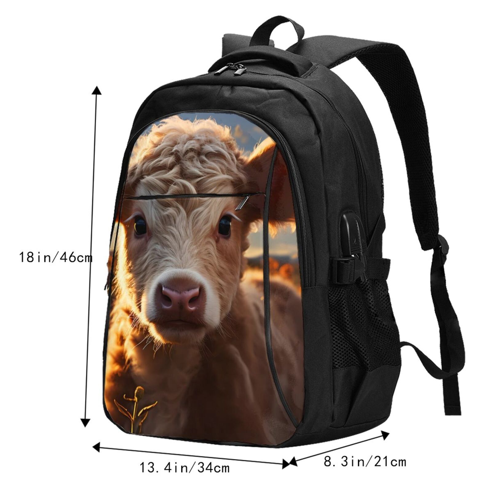 Vsdgher Sunset Sunflower Small Cow Print Travel Laptop Backpack, Laptops Backpack with USB Charging Port, Water Resistant Computer Bag Gift for Men & Women