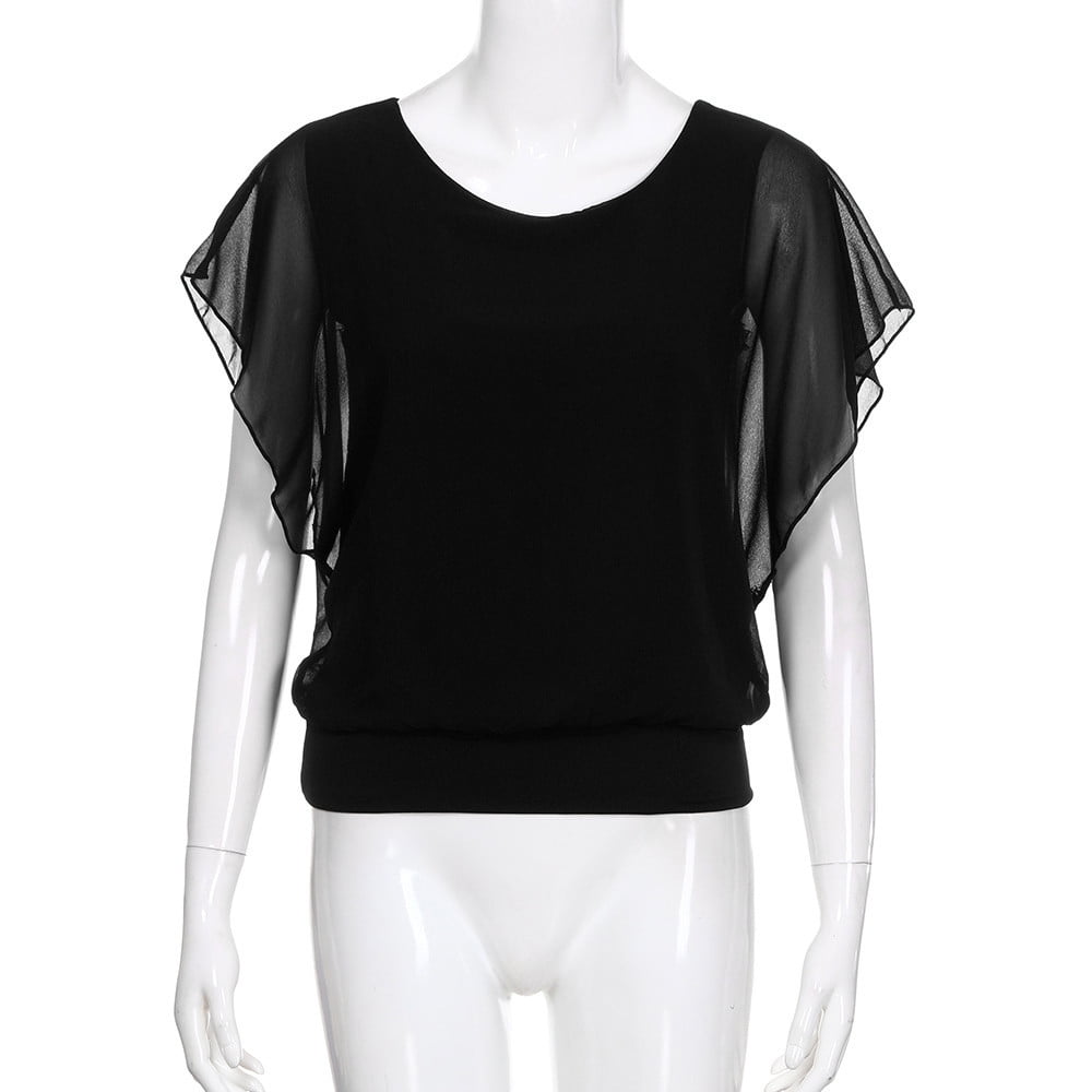 Knosfe Work Blouses for Women Fashion 2023 Clearance Batwing Short Sleeve Crew Neck Loose Fitting Tops Plus Size Chiffon Loose Womens Shirt Black 2XL