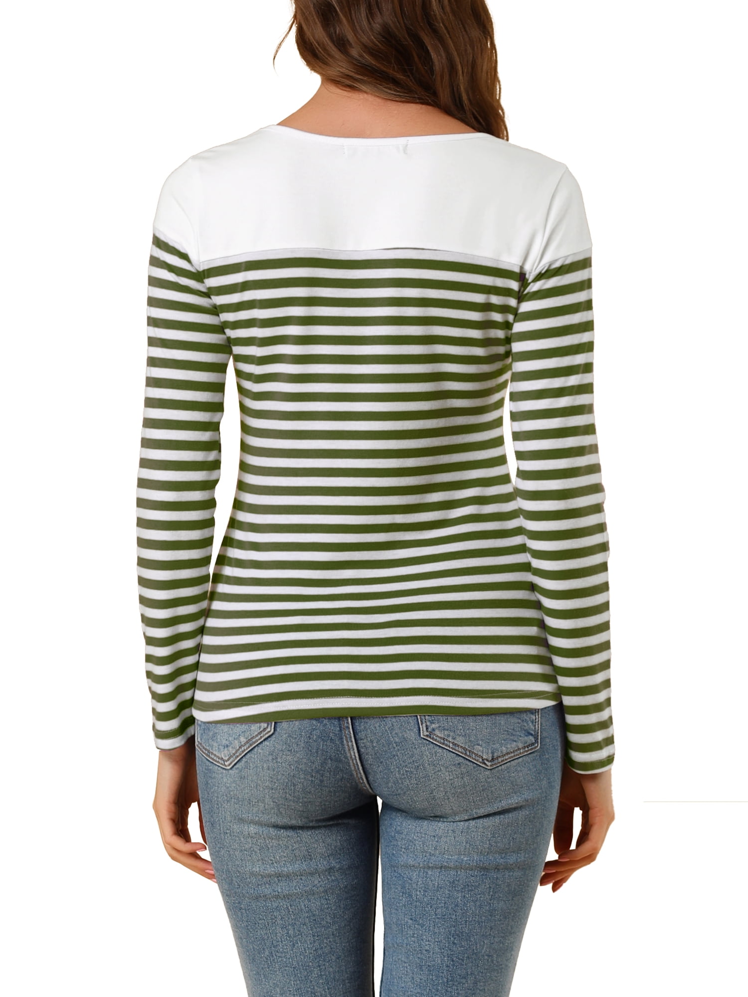 DARING DIVA Women's Color Block Striped Knit Top Long Sleeves T-Shirt M Army Green