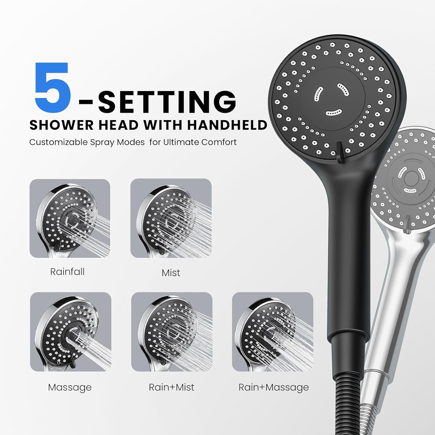 Wide Rain Shower Head With 5 Modes Handheld Showerheads, High Pressure Showerhead Combo with Extension Arm for Bathroom Accessories, Adjustable Shower Head with Anti-Clog Nozzles (Chrome)
