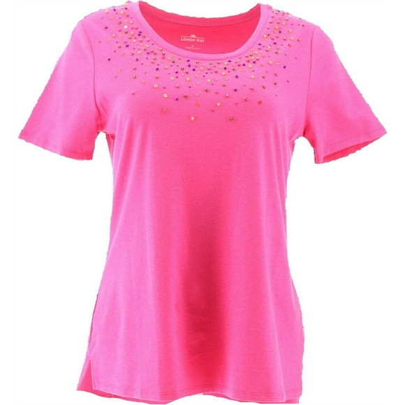 Lemon Way Beaded Short-Slv Tee BRIGHT PINK S NEW 648-391