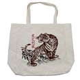 thumbnail image 1 of Tattoo Shopping Bag, Wild Chinese Tiger with Stripes and Roaring While Its Paws on Rock Pattern, Eco-Friendly Reusable Bag for Groceries Beach and More, 15.5" X 14.5", Cream, by Ambesonne, 1 of 2