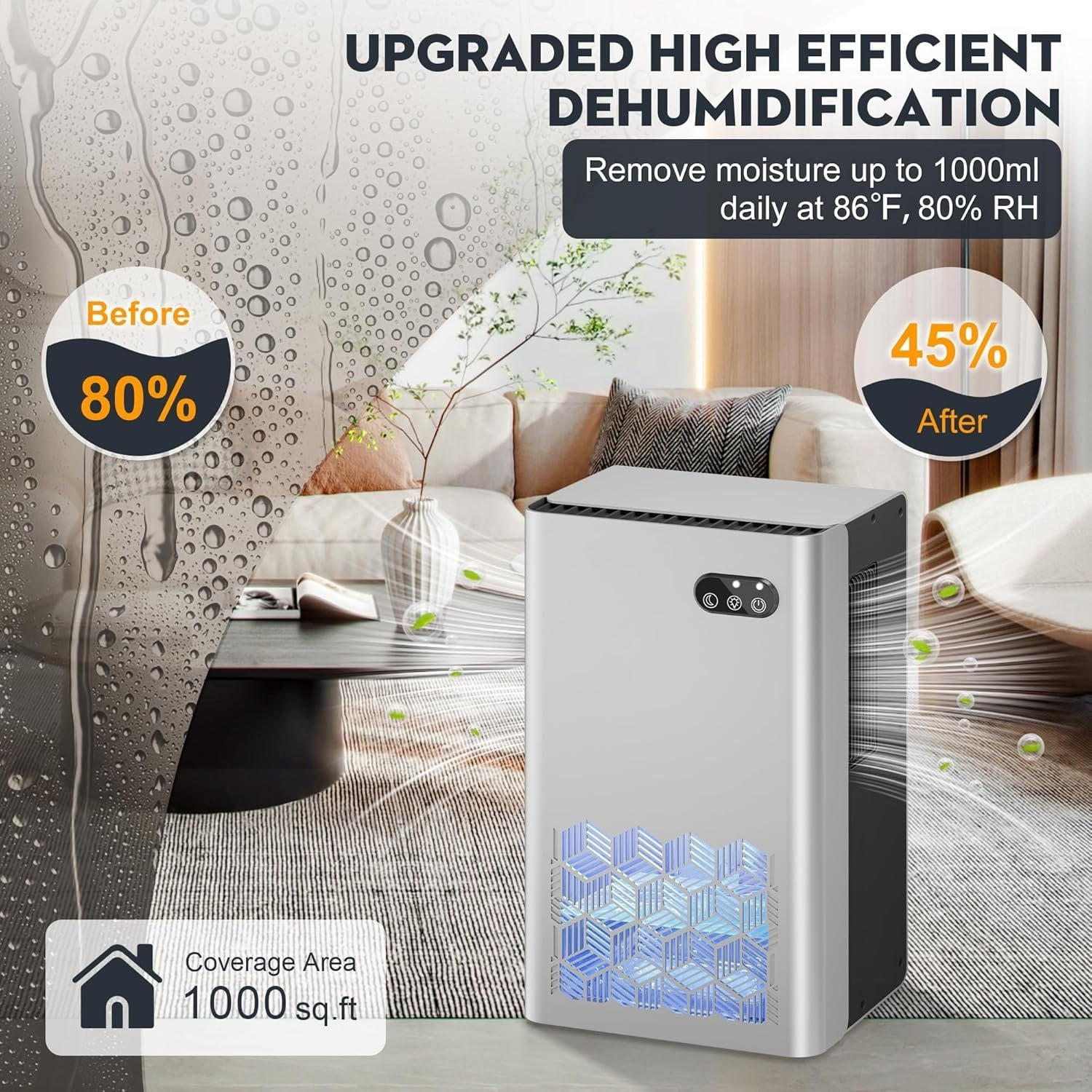 Dehumidifier for Home, 1000 sq.ft Dehumidifiers for Basement Bedroom Bathroom with 95 OZ Water Tank, Auto Shut Off 7 Colors LED Light, Silver