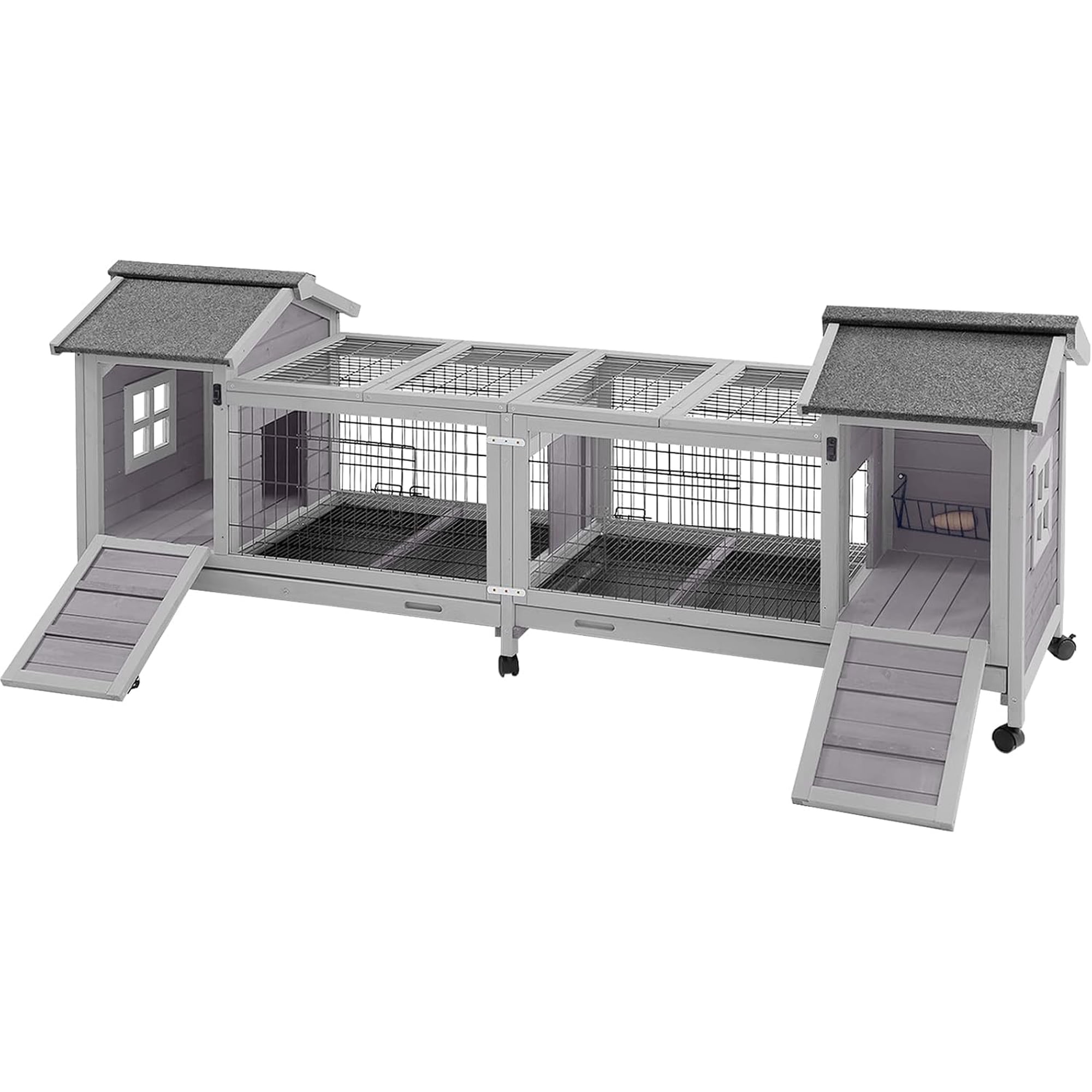 Aivituvin Rabbit Hutch Indoor Outdoor, Large Bunny Cage with Double House & Run, 10.4 ft², Deeper No-Leak Trays & Wheels