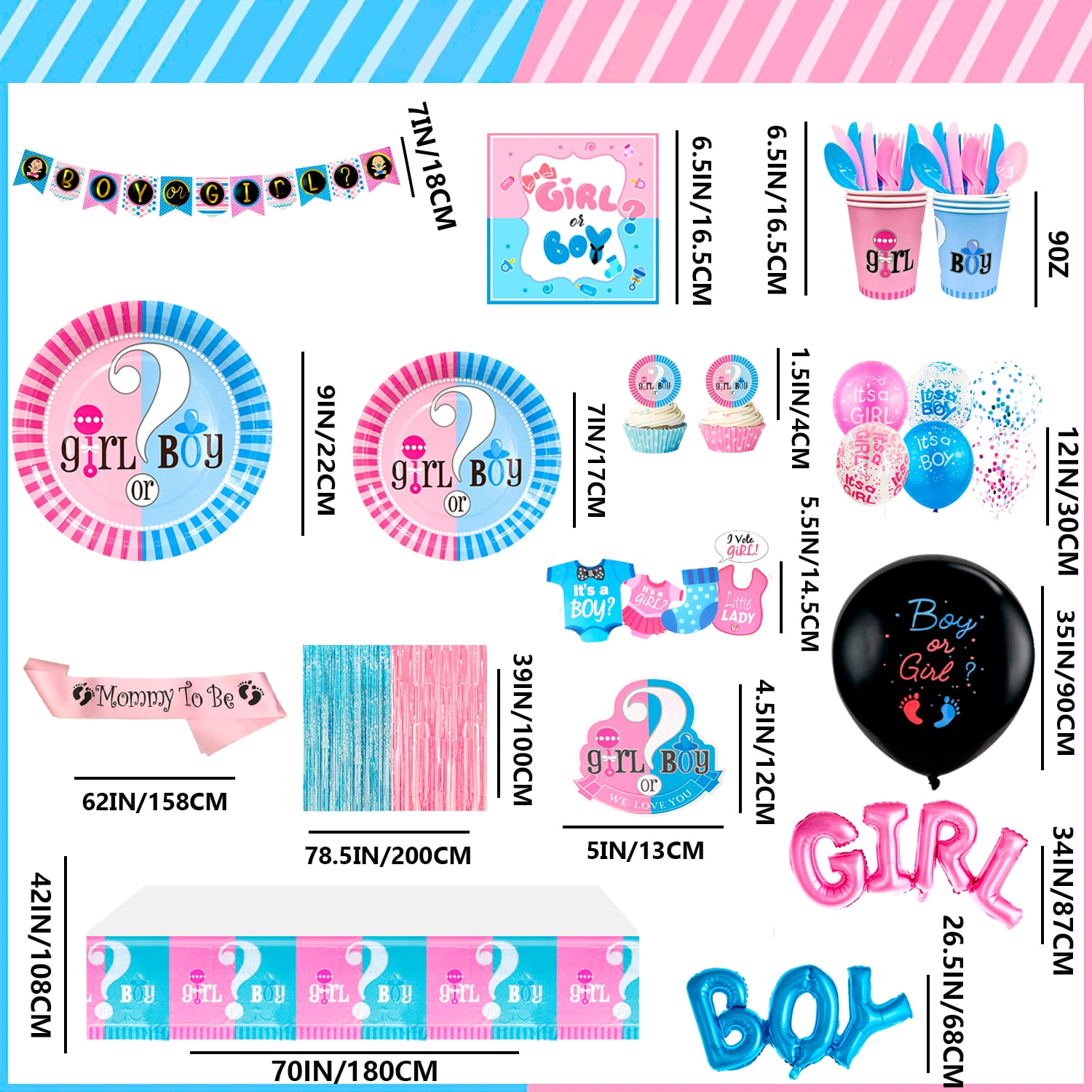 118PCS Baby Gender Reveal Party Supplies Gender Reveal Balloons Boy or Girl Banner, Mommy To Be Sash Baby Gender Reveal DecorationsDecorations Balloons Tablecloth Pennant Cutlery Set & Cupcake Topper