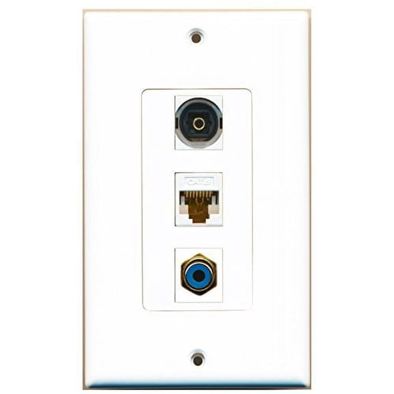 RiteAV - 1 Port RCA Blue and 1 Port Toslink and 1 Port Cat6 Ethernet White Decorative Wall Plate Decorative