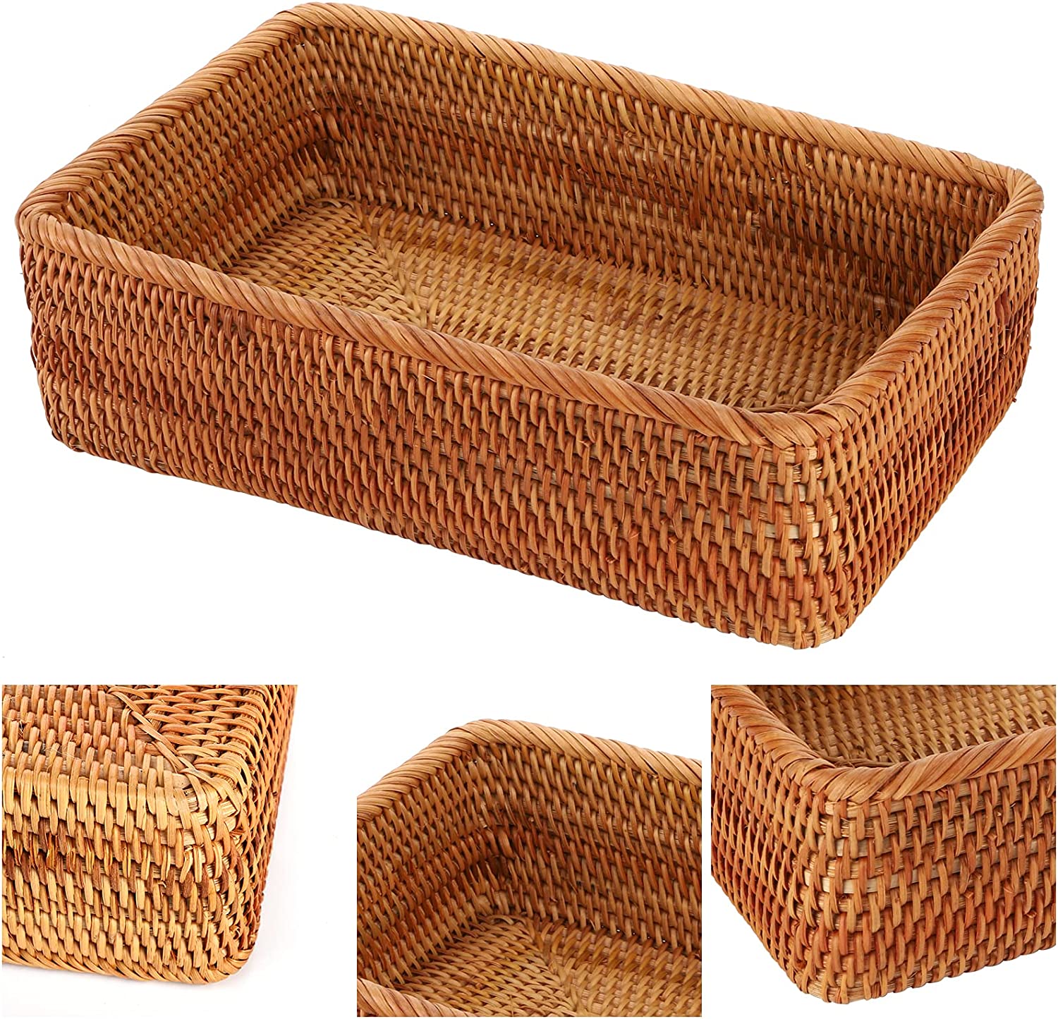 3 Pack Rectangular Rattan Storage Baskets, Bulk Shallow Wicker Baskets for Decor, Handmade Woven Nesting Bread Baskets for Organizing, Serving, for Kitchen, Home, 3 Sizes