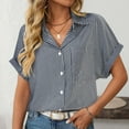 thumbnail image 2 of Striped Button Down Shirts for Women Business Casual Lapel Short Sleeved Tops with Pocket Trendy Casual Relaxed Fit Workout Tops, 2 of 4