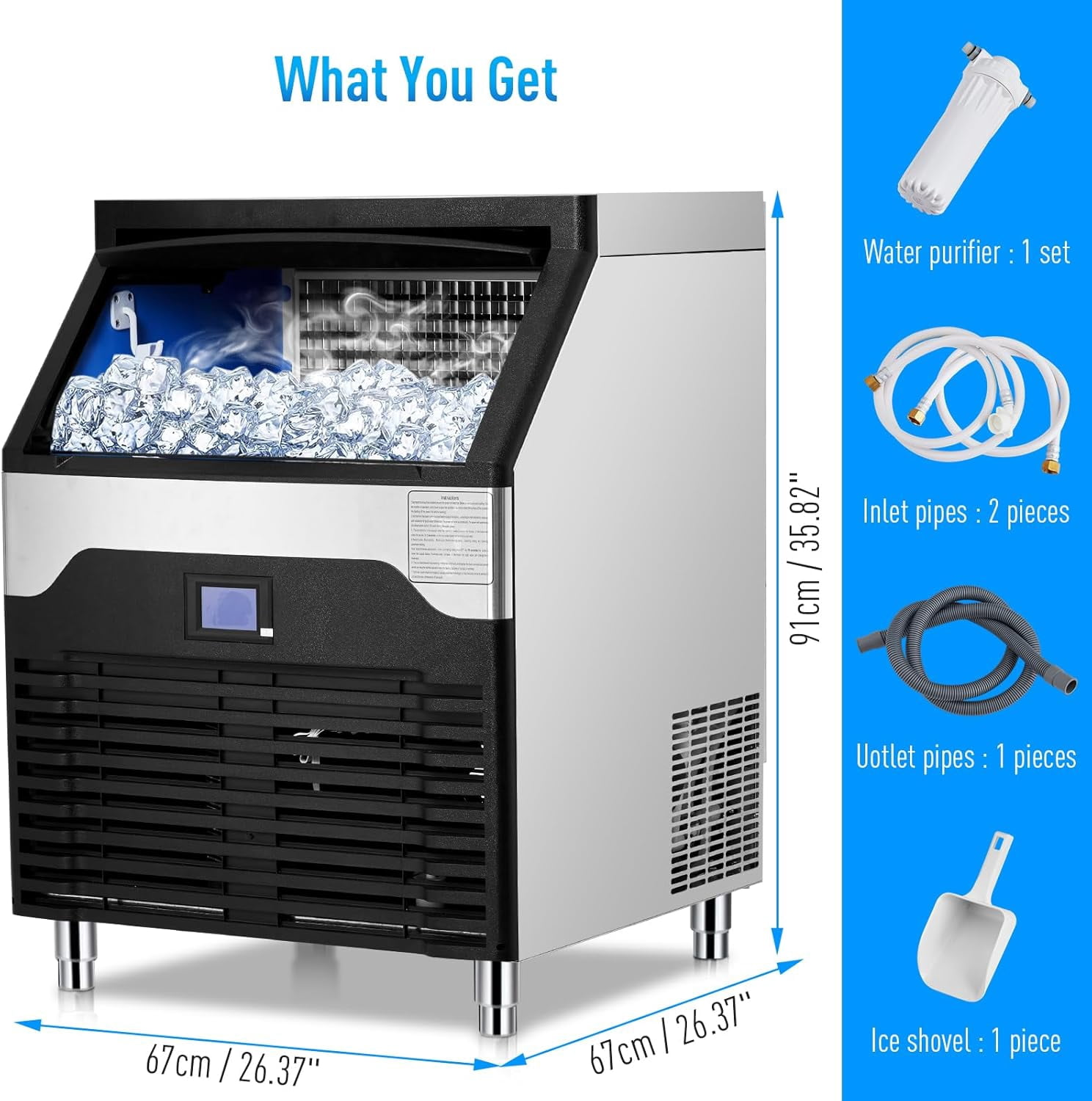 YUSAZENS 400LBS/24H Commercial Ice Maker, Stainless Steel Freestanding & Under Counter Ice Machine with 88.19LBS Storage, for Home Bar, Restaurant, Cafe