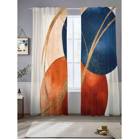 Abstract Graffiti Sheer Curtains 84 Inches Long 2 Panels Vintage Art Orange Blue Gold Lines Light Filtering Semi Sheer Window Curtains Drapes for Bedroom Living Room 52"x84"
