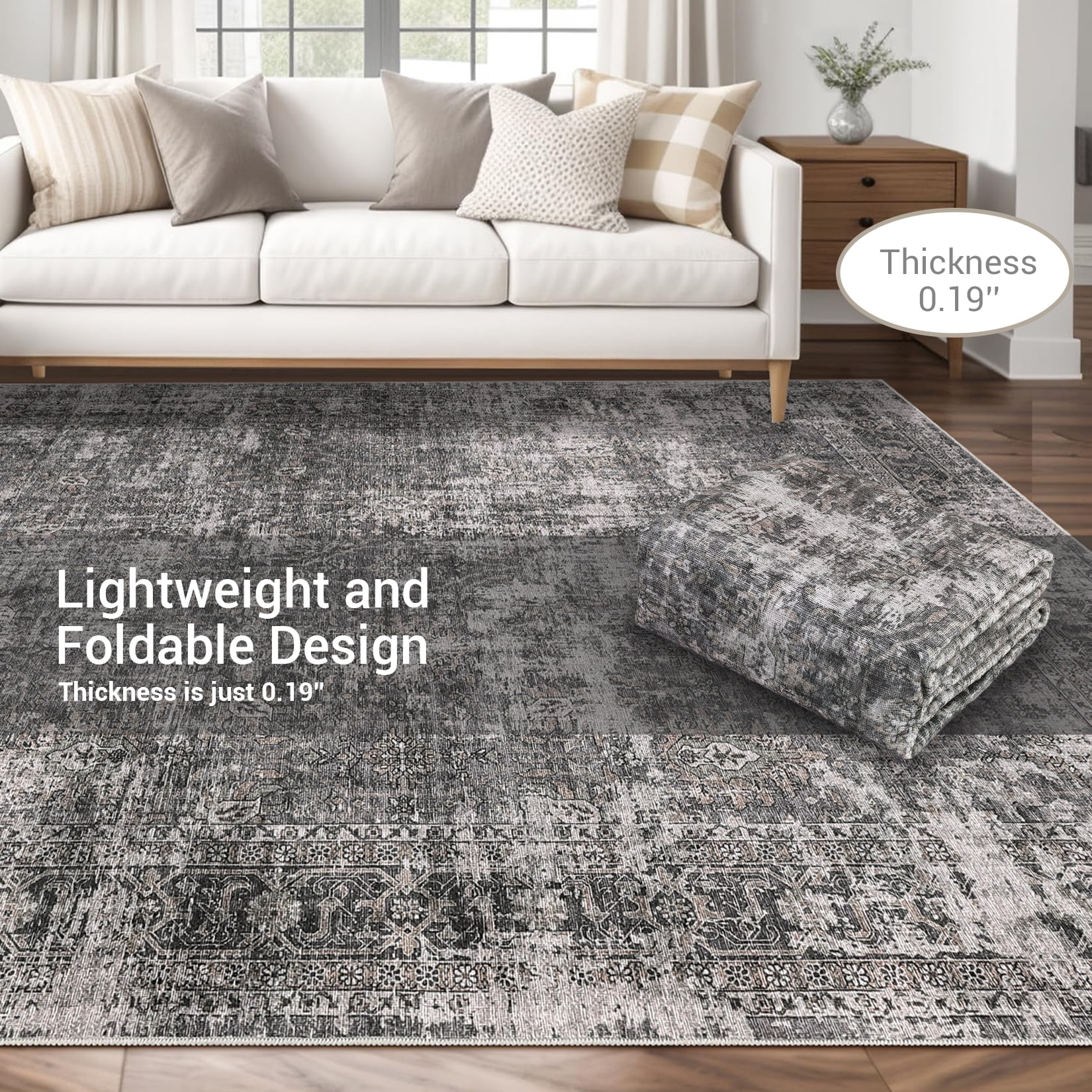 FairOnly 5'x7'Oriental Distressed Area Rug Machine Washable Non Slip Vintage Soft Indoor Floor Cover for Living Room Bedroom Office Study Room,Grey
