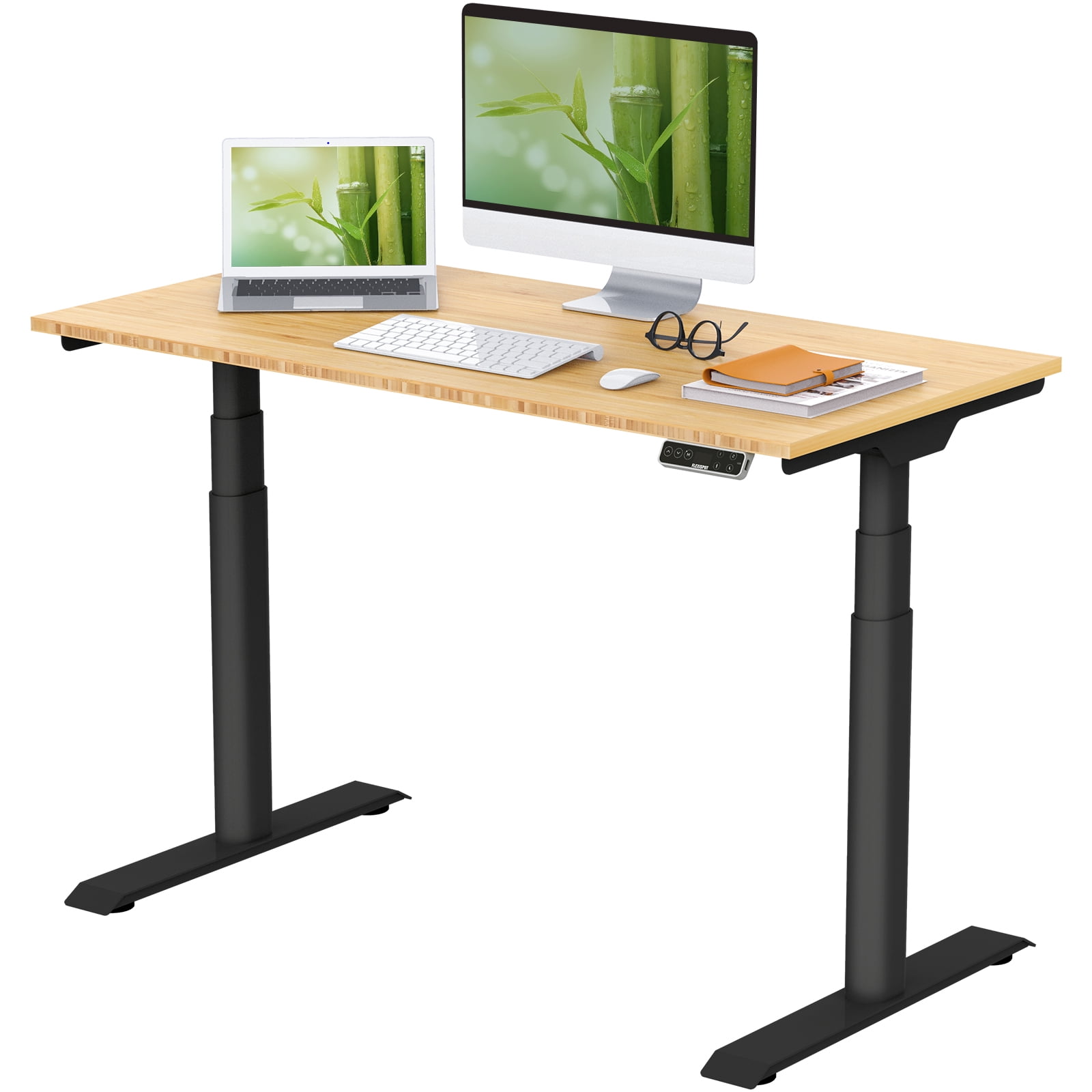 FLEXISPOT 48"x24" Dual Motors 3-Stage Height Adjustable Standing Desk Ergonomic Home Office Sit Stand Desk with USB Port, Bamboo Rectangle Desktop Black Oval Frame