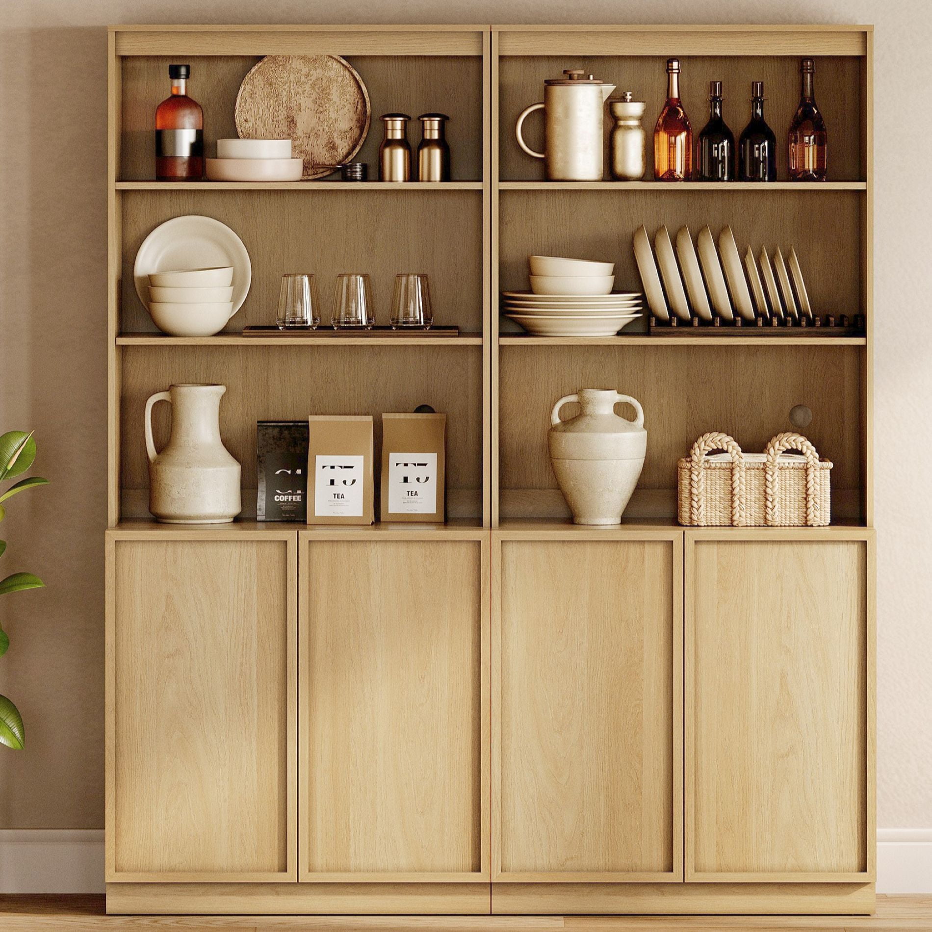 Modern Wood Sideboard Buffet with Doors & Adjustable Shelves, 72" Tall Storage Cabinet for Dining Room Kitchen,Oak