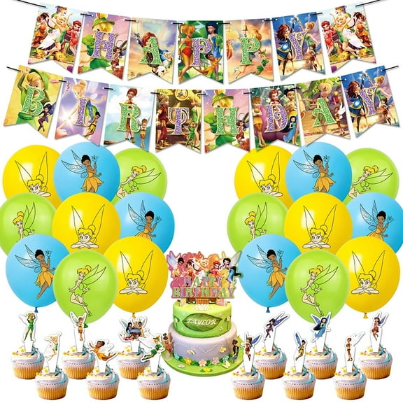 Birthday Party Supplies Set with Tinker Bell Themed, Including Happy Birthday Banners, Cupcake Toppers, Balloons, Party Decor Kit.