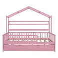 thumbnail image 3 of Tensun Pink Wooden Full Size House Bed with Trundle, Montessori-style Bed for Kids Teens Girls & Boys, Wooden Kids Bed Frame with Storage Shelves, Wood Playhouse Bed Frame featuring Roof Design, 3 of 5
