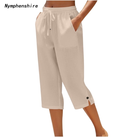 Nymphenshire Womens Capri Pants 7/8 Length Linen Button Elastic Waist Casual Cropped Pants Loose Fit Summer Beach Comfortable Bottoms Khaki