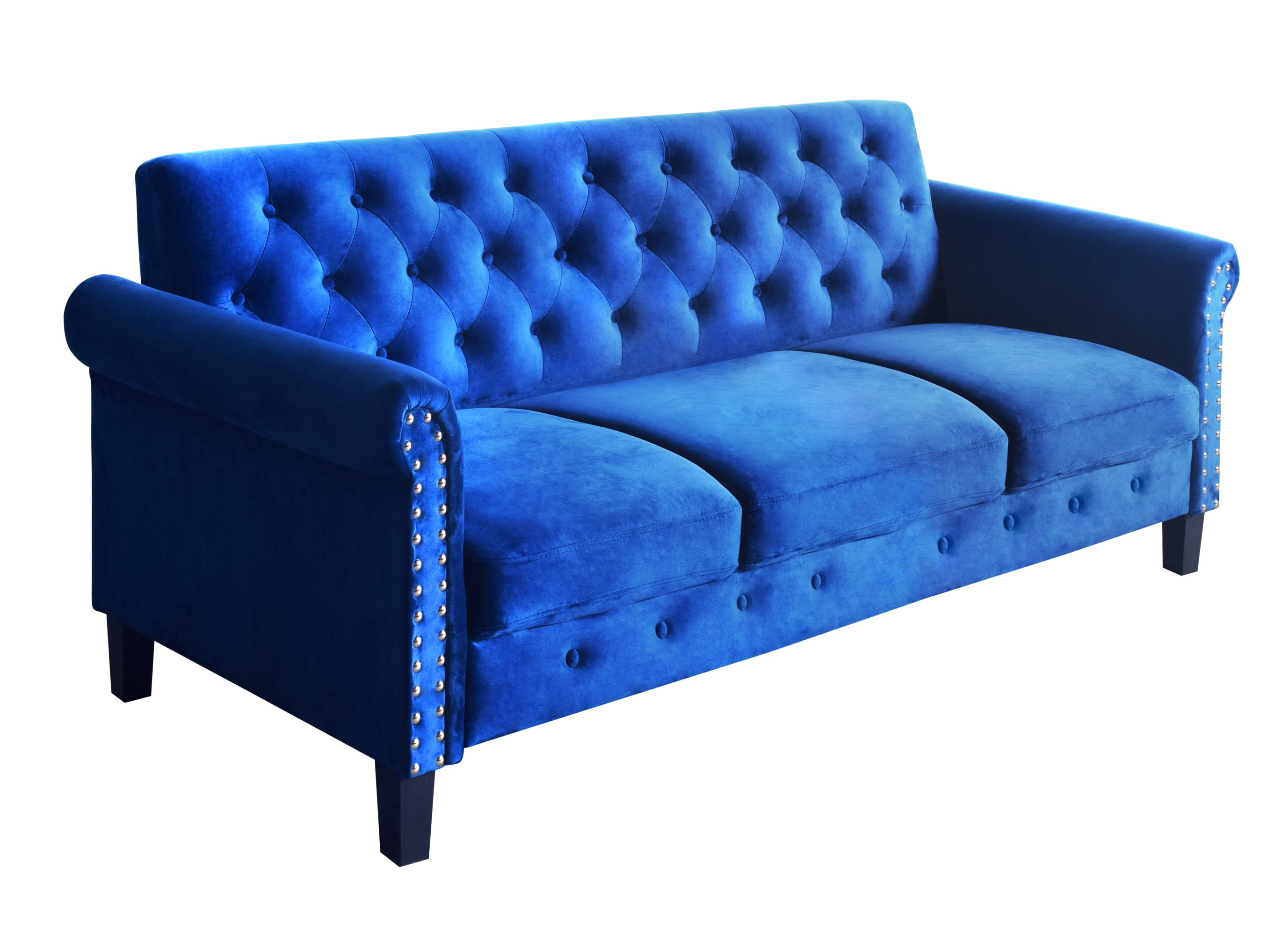 Home Design Casper Velvet Rolled Arm Sofa with Foam-Filled Cushions, Silver-Tone Nailhead Trim, Modern Upholstered Design for Living Room, Navy Blue