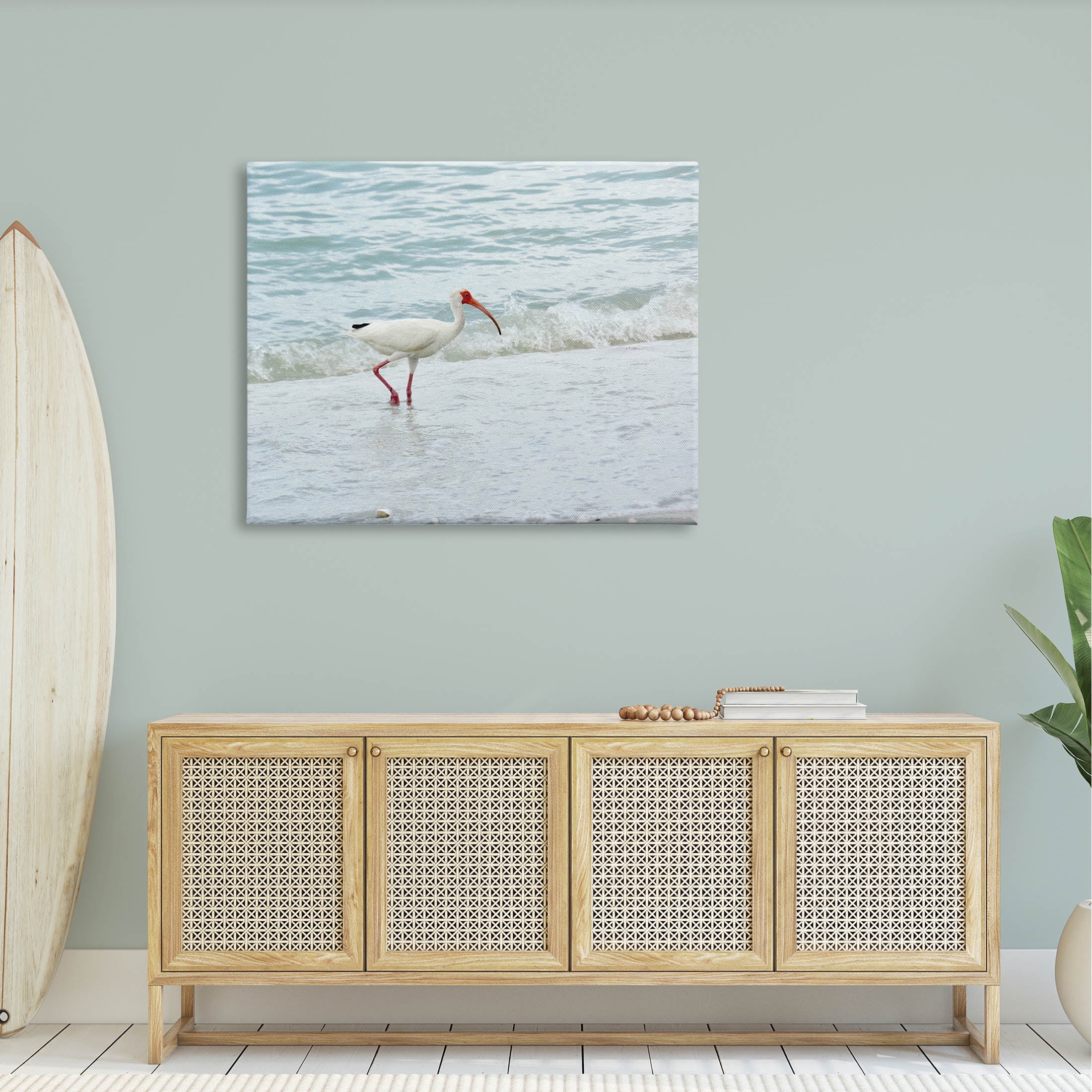Bird Stepping Sea Waves Splash Animals & Insects Photograph Gallery Wrapped Canvas Print Wall Art