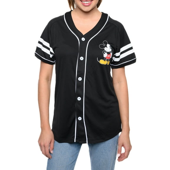 Disney Mickey Mouse Baseball Jersey Black Button Down Shirt Women's