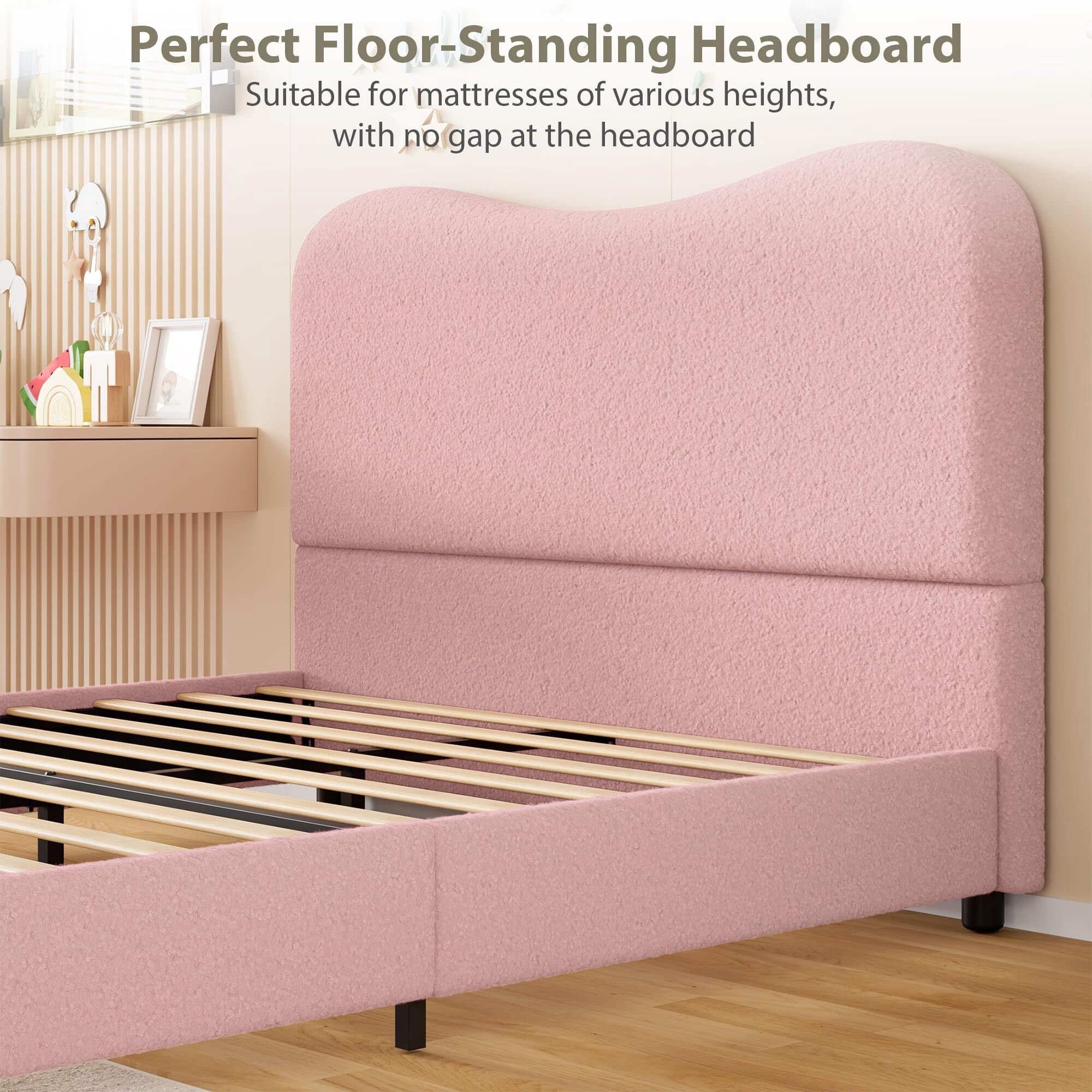Jojoka Modern Queen Bed Frame Upholstered in Soft Boucle Fabric, Sturdy Wooden Slats, No Gap Headboard, Easy Assembly, No Box Spring Needed, Pink