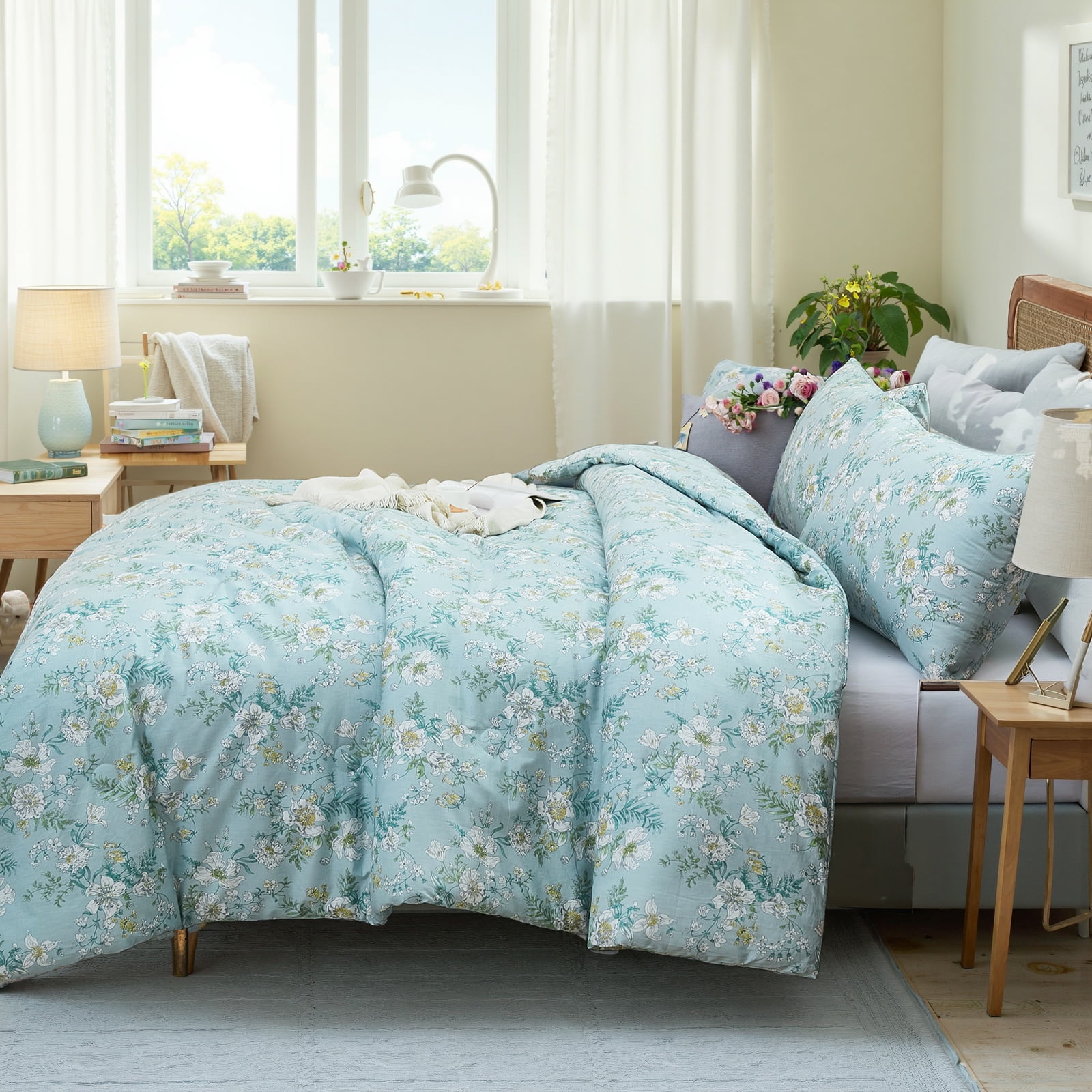 100% Cotton Comforter Set Queen Size, Botanical Floral Comforter with 2 Pillowcases, Vintage Garden Flowers Pattern, Soft Breathable Bedding for All Seasons