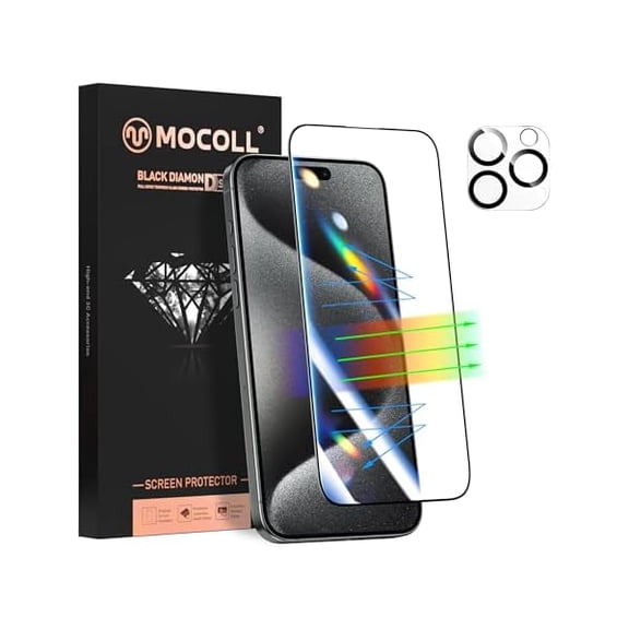 MOCOLL for iPhone 15 Pro Screen Protector Blue Light with Camera Lens Protector Tempered Glass, Eye Protection Anti Glare Anti Blue Light Film, Case Friendly,6.1 inch