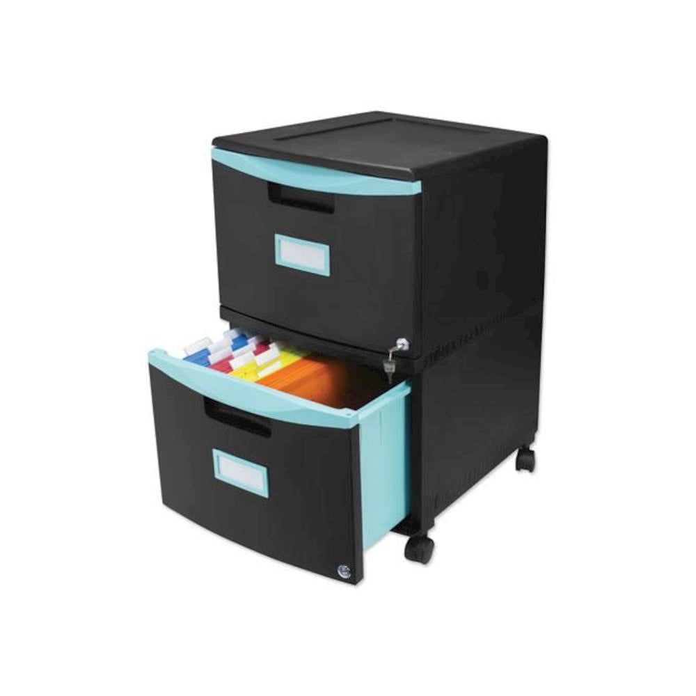 Storex 2-Drawer Mobile File Cabinet, 18-3/8" x 14-7/8" x 26", Teal/Black