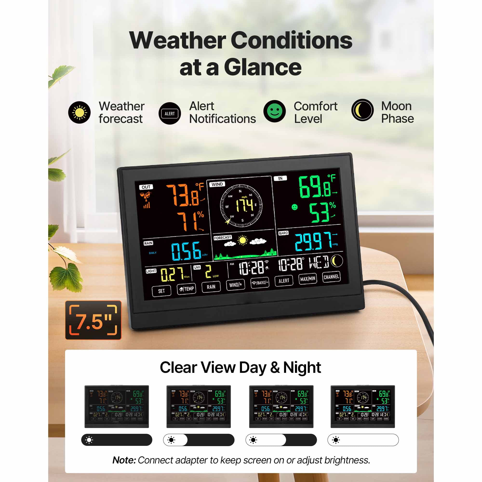 KFFKFF 7-in-1 Wi-Fi Weather Station with App, 7.5-Inch VA Screen, Solar-Powered Wireless Outdoor Sensor, Rain Gauge, Indoor and Outdoor Use for Weather Monitoring, Wind Speed, Temperature, Humidity
