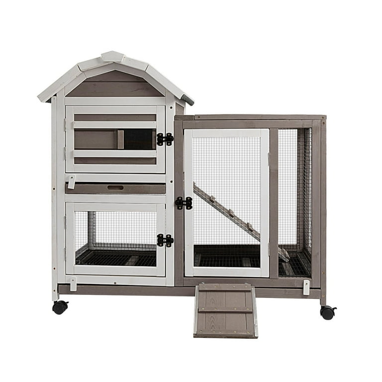 PetsCosset Rabbit Hutch 2 Story Rabbit Cage on Wheels Indoor Bunny Hutch with Run Outdoor Guinea Pig Cage with Waterproof Asphalt Roof Pull Out