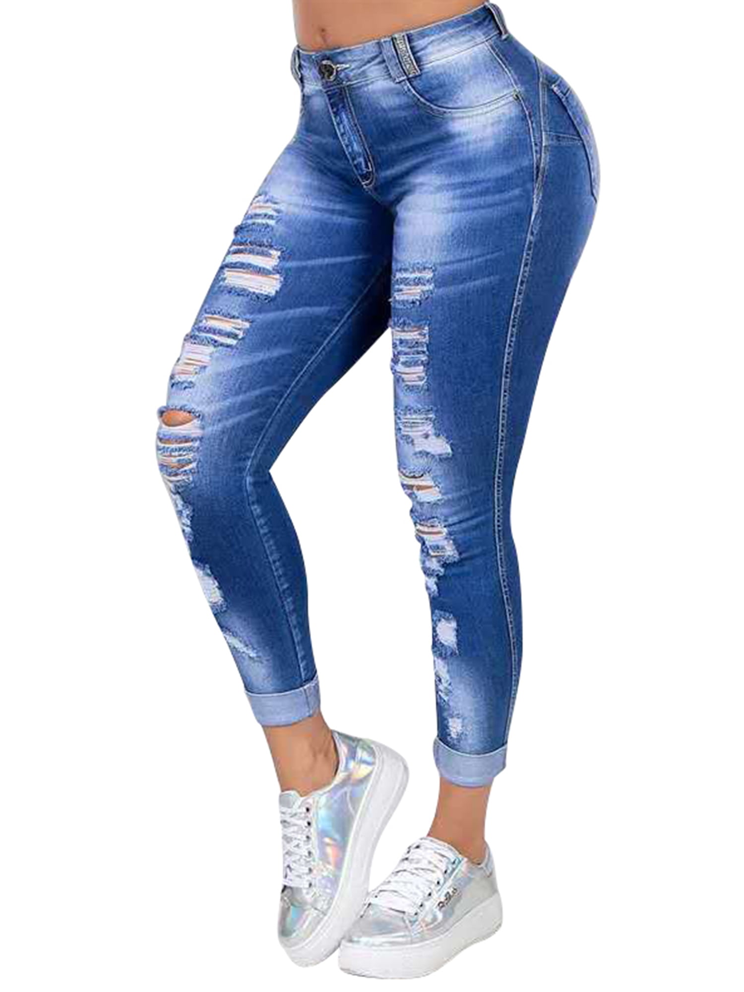 Ripped Distressed Jeans For Women Mid Rise Skinny Slim Fit Jeans Ladies ...