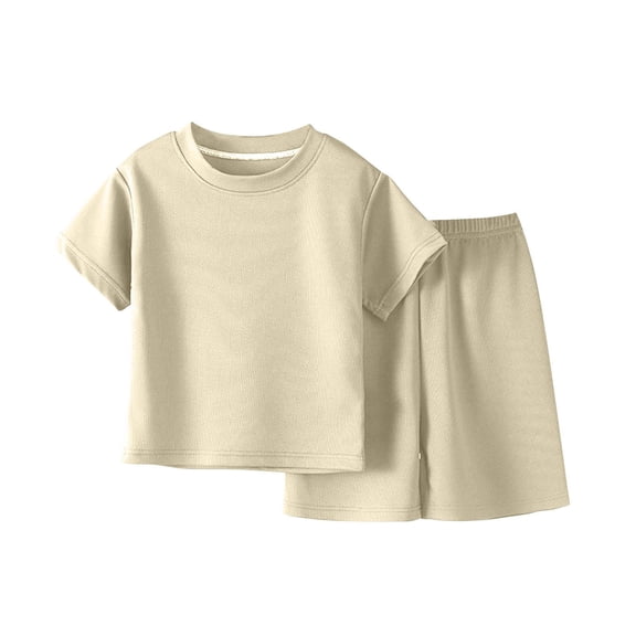 BCSIOAOI 2 Piece Boys Outfit Solid Short Sleeve T-Shirt & Elastic Waist Shorts with Pockets Beige 3-4 T