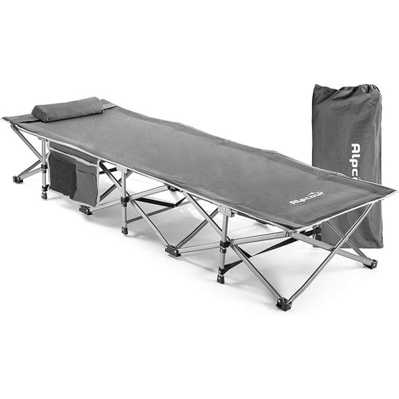 Alpcour Compact Folding Camping Cot - Single Person, Heavy Duty, Indoor & Outdoor Bed with Pillow - Grey