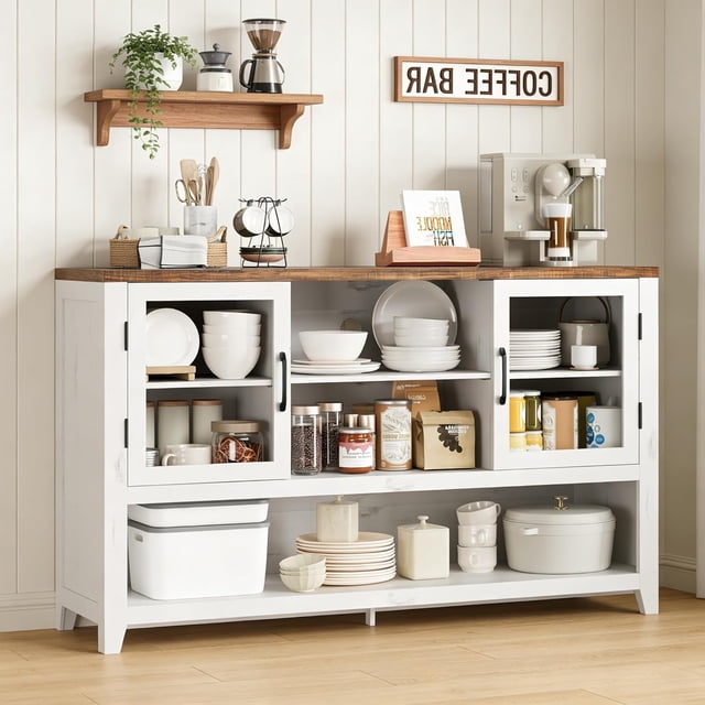 53" Kitchen Buffet Sideboard Cabinet - Coffee Bar Table with 2 Glass Doors and 3 Shelves, Modern Storage Cabinet for Living Room, Entryway, Dining Room, White
