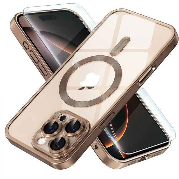 Dteck Magnetic Case with Tempered Screen Protector for iPhone 16 Pro Max,Shockproof TPU Transparent Case Compatible with MagSafe Full Camera Lens Protector Plating Back Cover,Titanium Gold