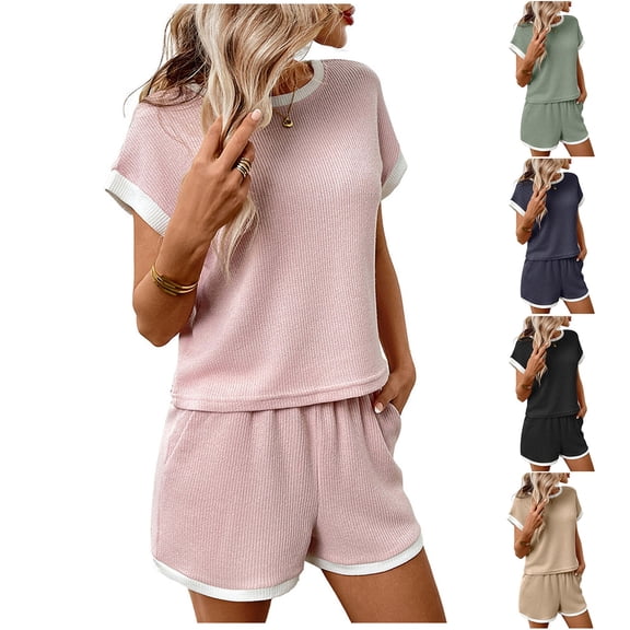 Bixock Women's 2 Piece Loungewear Set,Summer Casual Set,Solid Crew Neck Leisure Pocket Top Outfit Set