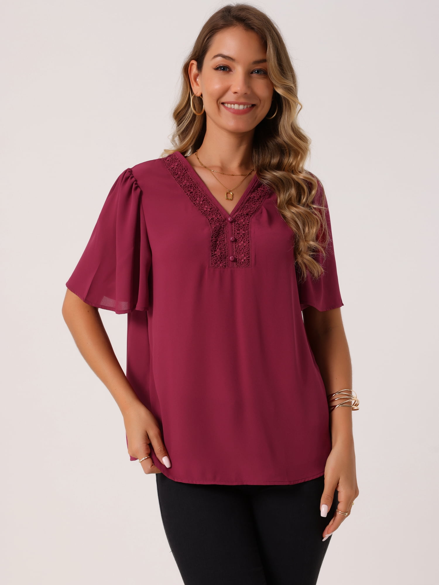 DARING DIVA Women's V Neck Short Sleeve Chiffon Casual Blouse XL Red