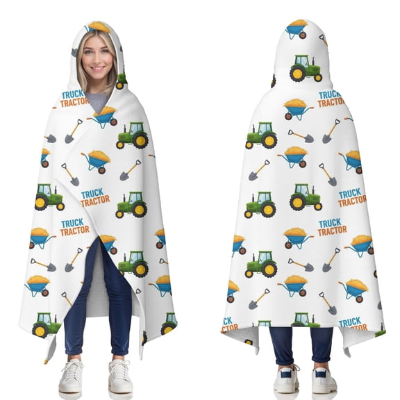Wearable Blanket,Cartoon Tractors Wheelbarrows White Pattern Hooded Wearable Sherpa Blanket for Adults & Teens,Winter Poncho Shawl Wrap Cape Thick Warm,50"x60"