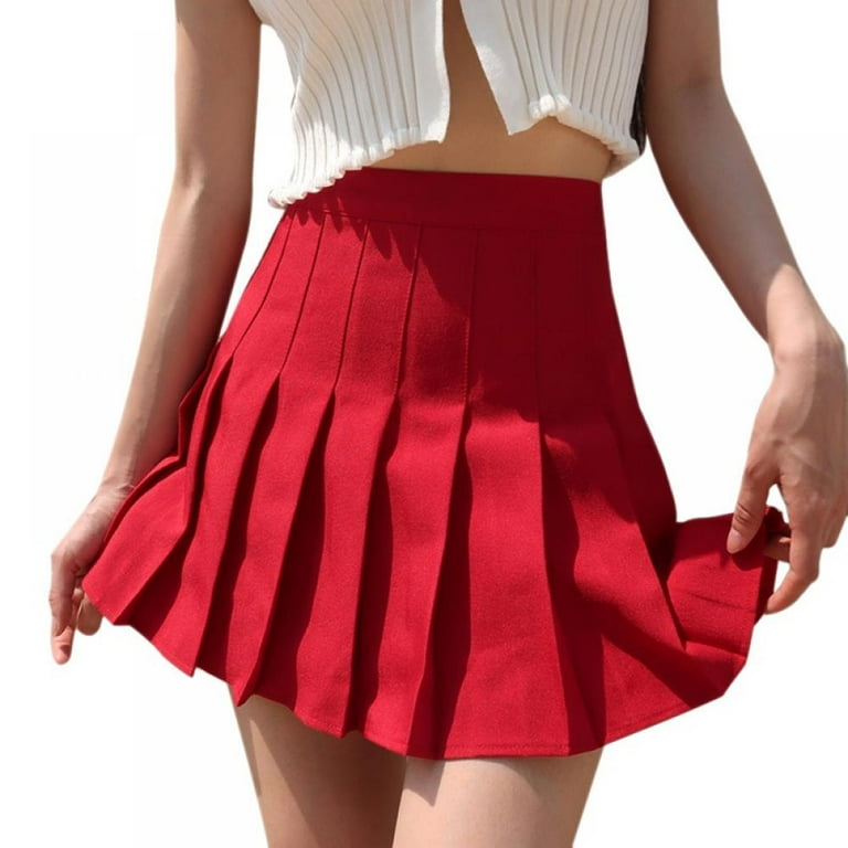 Women's Casual Mini Flared Plain Pleated Student Ladies Skirt with  Shorts,Red (S-XL)