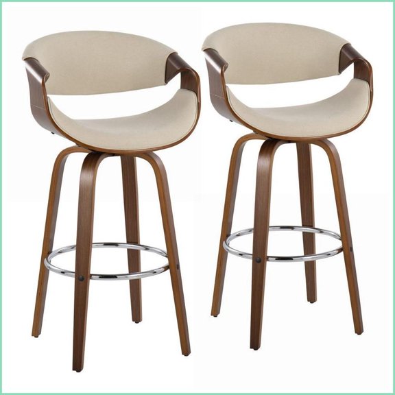Barstools Set of 2 | Mid-Century Modern Walnut Wood Swivel Fixed Height by LumiSource | Cream | Fabric