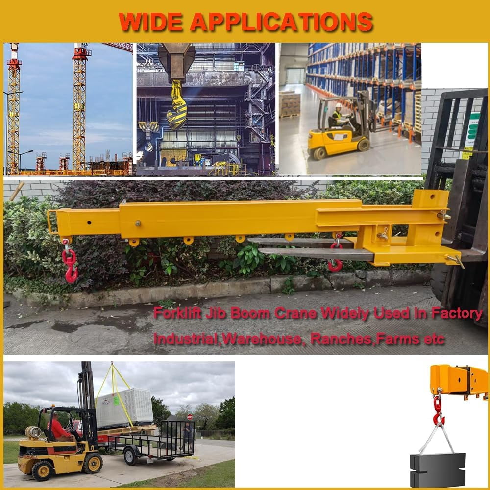 Forklift Jib Boom Crane 6,000 LB Lift Capacity,Attachments Fork Mounted Adjustable Hoist Jib Boom Crane with 2 Hook, Forklift Boom Attachment Towing Handling Equipment