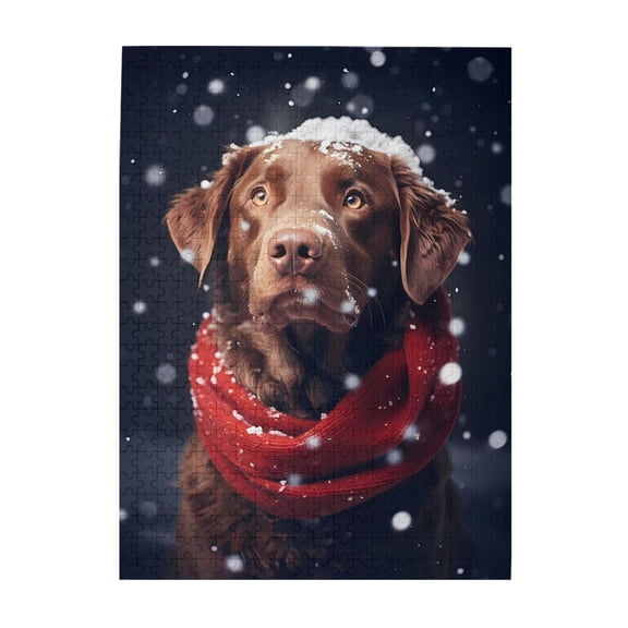 500-Piece Wooden Jigsaw Puzzle for Adults - Dog Scarf Snowfall Winter , Interlocking Pieces with Guide Letters, Holiday Gift & Home Decor