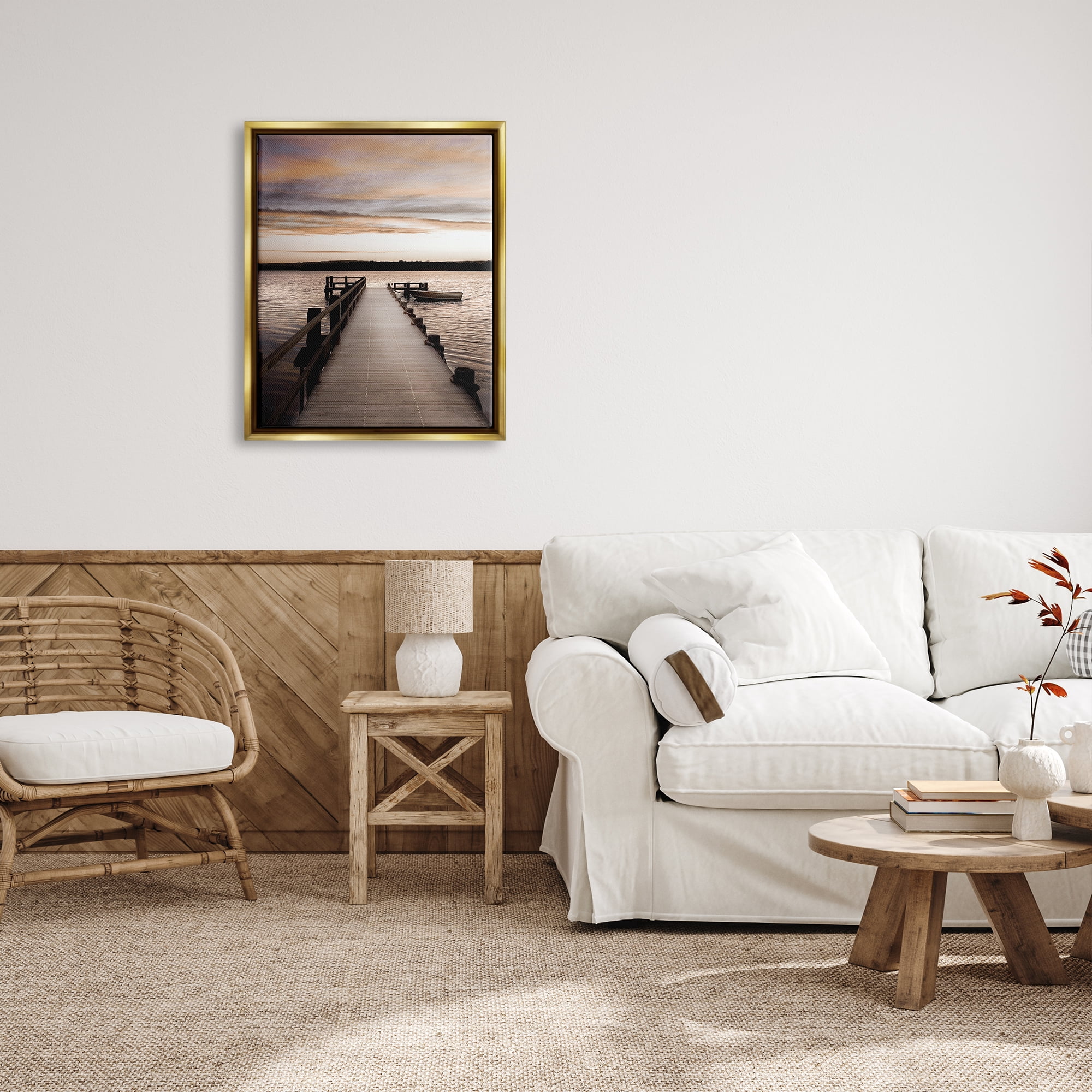 Stupell Industries Boat & Beach Pier Landscape Photography Gold Floater Framed Canvas Art Print Wall Art, 25 x 31