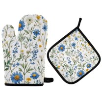 Yayeee Oven Mitts and Pot Holder Set of 2 Heat Resistant Kitchen Gloves Baking Hot Pad, Blue Floral