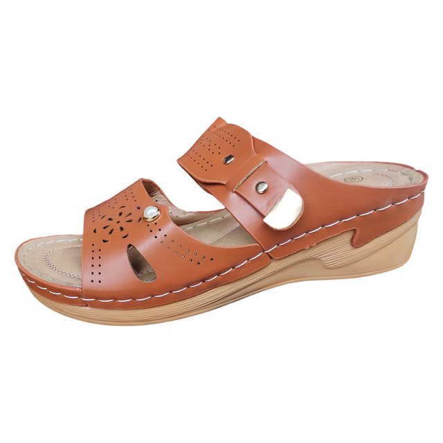 Bmisegm Ladies Summer Casual Solid Colour Hollow Pearl Slope with Large Size Sandals Slippers Sandals Women Summer Brown 8.5