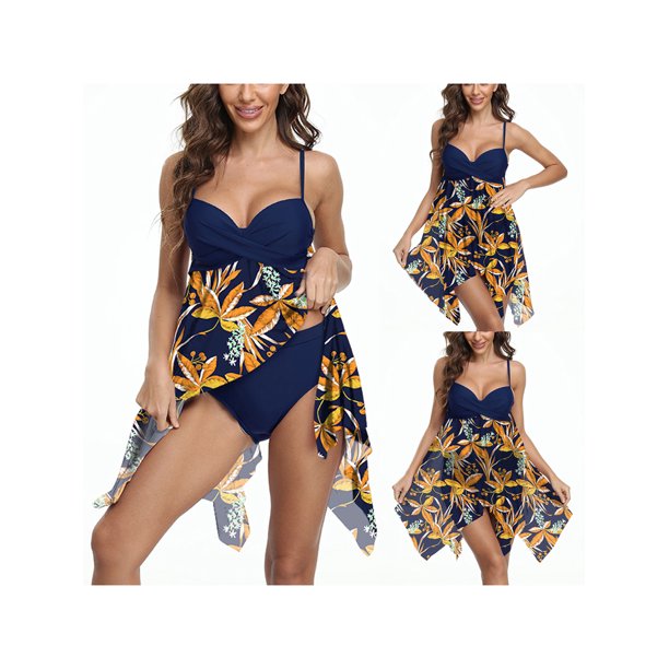 SAYOO Traje de baño de dos piezas para mujer, tops de playa irregulares con correa de espagueti con estampado de hojas + shorts de baño SAYOO casual